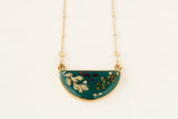 Dark Green Meadows Half Moon Necklace in Gold with Flowers