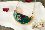 Dark Green Meadows Half Moon Necklace in Gold with Flowers