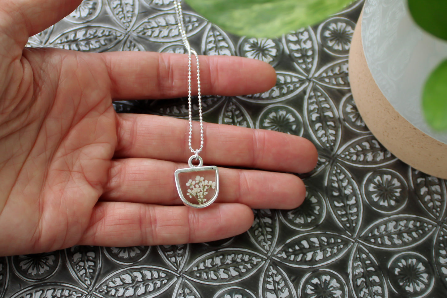Queen Anne’s Lace Half Oval Necklace in Silver