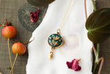 Dark Green Circle with Dangle Necklace in Gold with Dried Flowers