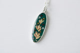 Dark Green Oval Long Necklace in Silver with Dried Plants