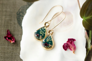 Dark Green Teardrop Earrings with Flowers in Gold