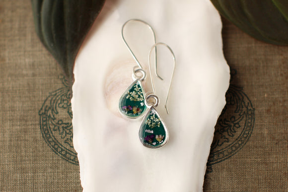 Dark Green Teardrop with Flowers Earrings in Silver
