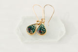 Dark Green Teardrop Earrings with Flowers in Gold