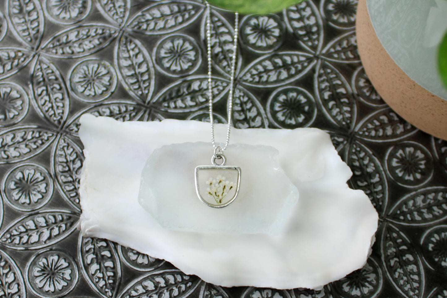 Queen Anne’s Lace Half Oval Necklace in Silver