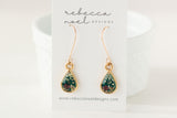 Dark Green Teardrop Earrings with Flowers in Gold