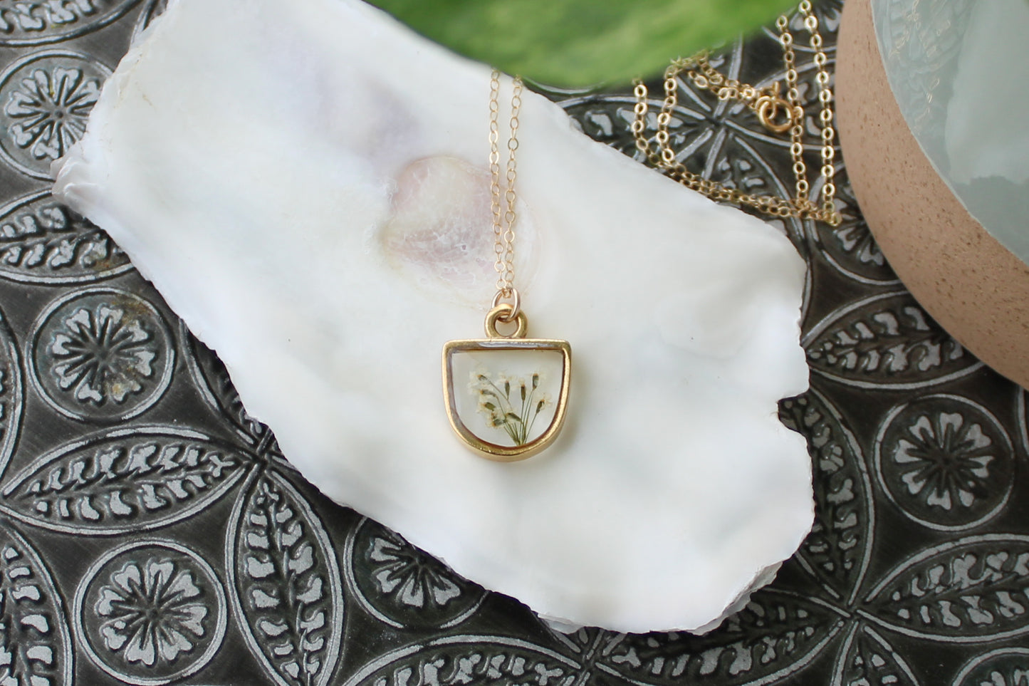 gold custom resin necklace flower preservation 