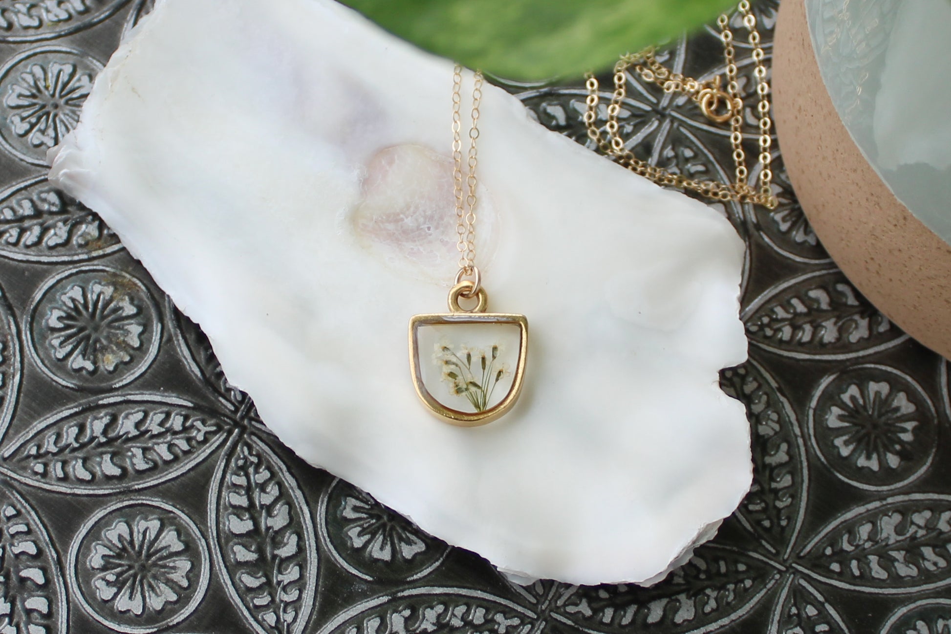 gold custom resin necklace flower preservation 
