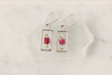 Silver Mini Rectangle Earrings with Pink and White Flowers