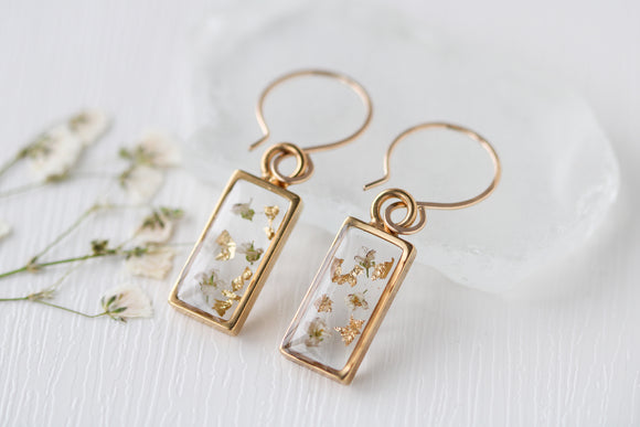 Gold Mini Rectangle Earrings with White Flowers