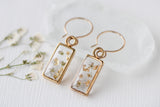 Gold Mini Rectangle Earrings with White Flowers