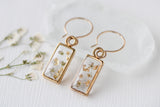 Gold Mini Rectangle Earrings with White Flowers