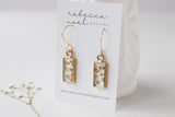 Gold Mini Rectangle Earrings with White Flowers