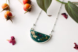 Dark Green Meadows Half Moon Necklace in Silver with Flowers