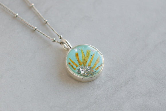 Van Gogh Sunflowers Round Aqua with Sunflowers Silver Necklace