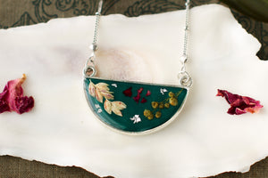 Dark Green Meadows Half Moon Necklace in Silver with Flowers