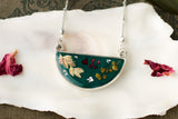 Dark Green Meadows Half Moon Necklace in Silver with Flowers