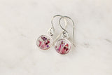 Pink Flower Mix Silver Mini Circle Earrings