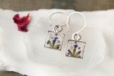 Mini Square Lavender and Flower Bud Earrings in Silver