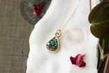 Gold and Dark Green Mini Teardrop Necklace with flowers