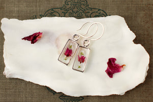 Silver Mini Rectangle Earrings with Pink and White Flowers