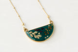 Dark Green Meadows Half Moon Necklace in Gold with Flowers