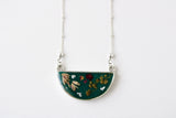 Dark Green Meadows Half Moon Necklace in Silver with Flowers