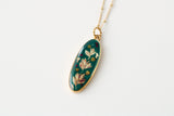 Dark Green Long Oval Necklace in Gold with Dried Flowers