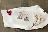 Mini Square Lavender and Flower Bud Earrings in Silver