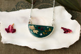 Dark Green Meadows Half Moon Necklace in Silver with Flowers