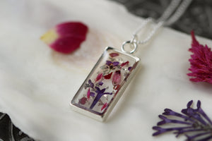 Pink Mix Dried Flower Rectangle Necklace in Silver