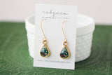 Dark Green Teardrop Earrings with Flowers in Gold