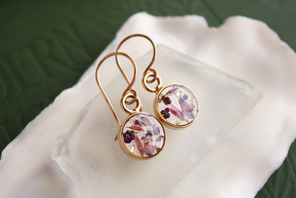 Pink Mixed Flowers Gold Mini Circle Earrings