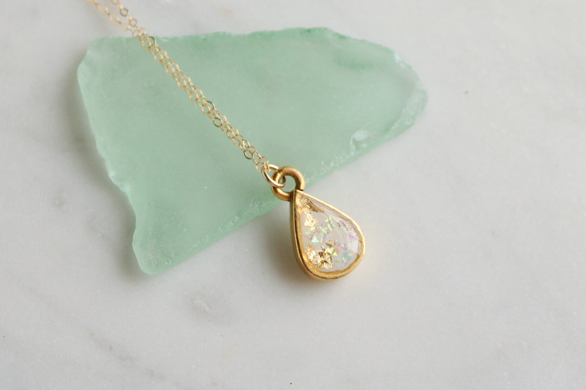 Gold Opalescent Teardrop Necklace | Handmade Clay and Resin Necklace