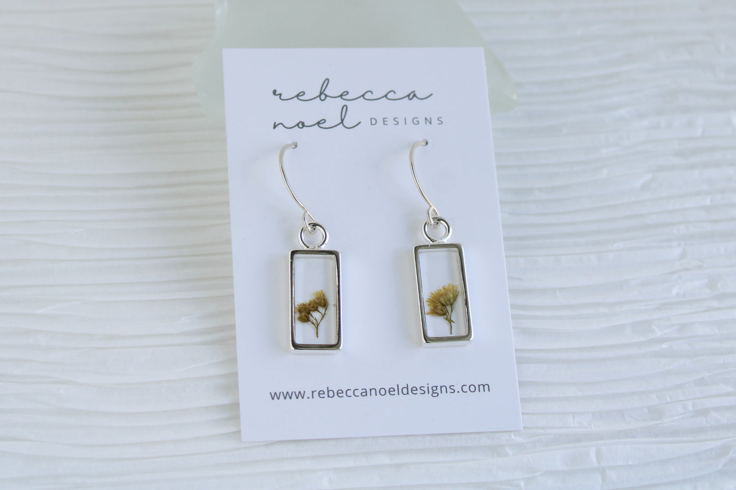Silver Rectangle Earrings with Flowers | Handmade Resin Earrings with Solidago