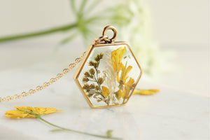 Gold Hexagon with Yellow Flowers Necklace