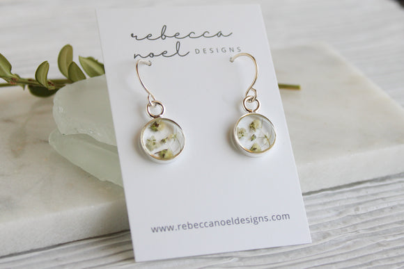 Mini Silver Circle Earrings with White Flowers