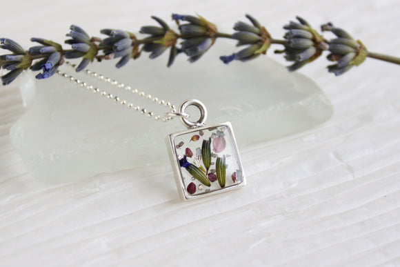 Lavender and Flower Buds Silver Mini Square Necklace