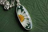 Silver and Dark Green Long Oval Necklace with Chrysanthemum