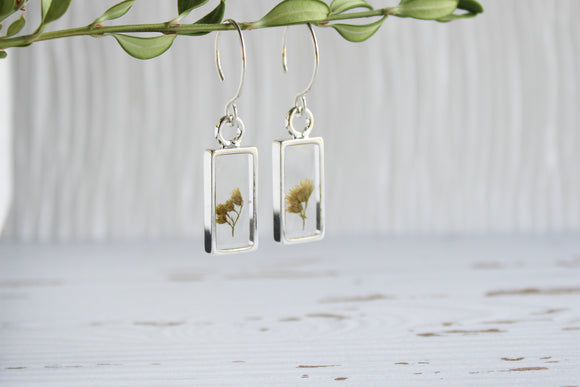 Silver Rectangle Earrings with Flowers