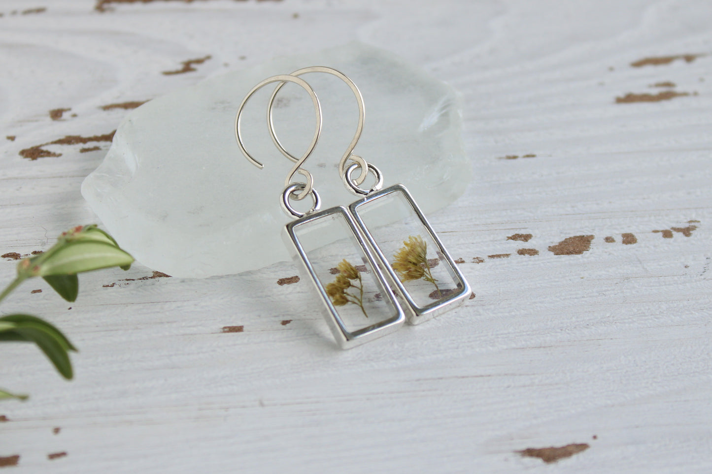 Silver Rectangle Earrings with Flowers | Handmade Resin Earrings with Solidago