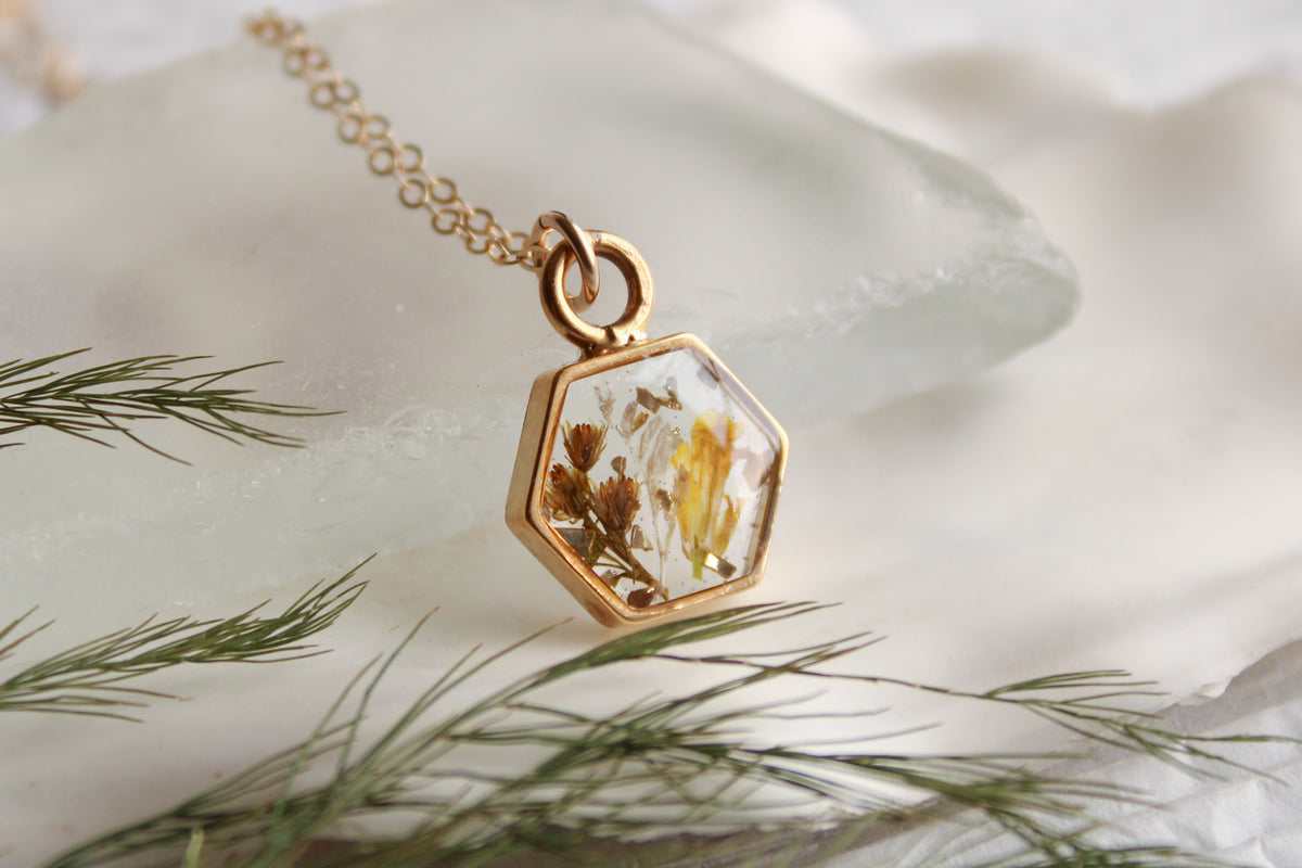 Mixed Yellow Flowers Gold Hexagon Mini Charm Necklace