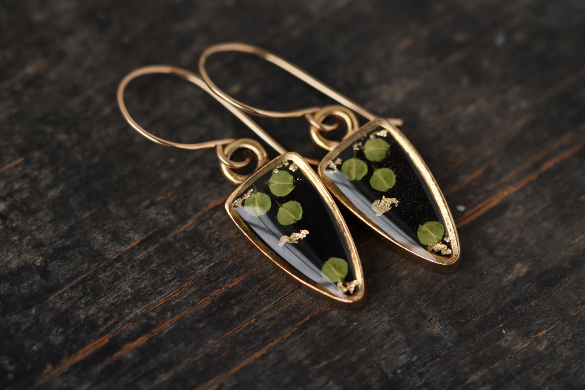 Gold and Black Arrowhead Seed Pod Earrings