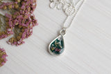 Dark Green Teardrop with Flowers Necklace in Silver
