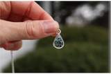 Dark Green Teardrop with Flowers Necklace in Silver