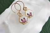 Gold Small Hexagon Earrings with Dried Heather