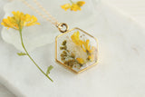 Gold Hexagon with Yellow Flowers Necklace