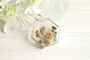 Sparkly Flowers in Resin Hexagon Necklace in Silver