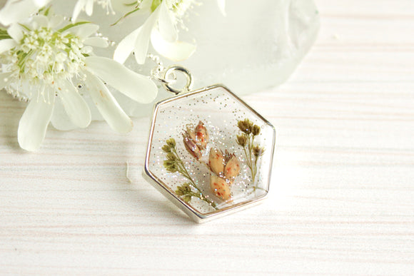 Sparkly Flowers in Resin Hexagon Necklace in Silver