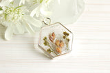 Sparkly Flowers in Resin Hexagon Necklace in Silver